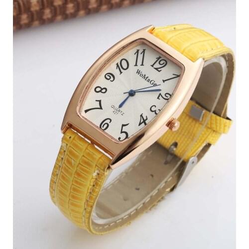 WOMAGE Watch Fashion Women Dress Watches Tonneau Case Womens Watches Yellow Leather Watch Quartz dames horloges montre femme