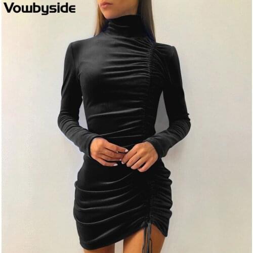 Solid Color Flannel Shirring Fashion Womens Dress Long Sleeve Half High Collar Autumn and Winter Slim Fit Hip Dress