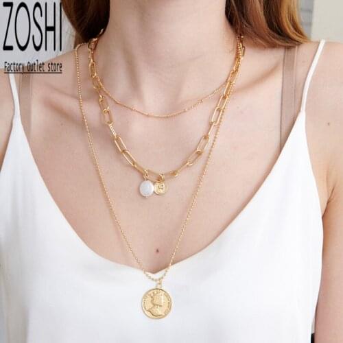 Baroque Irregular Simulated Pearl Multilayer Choker Necklace Womens Fashion Round Coins Pendant Necklace Punk Jewelry