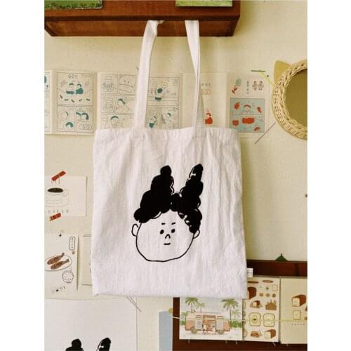 Cute Cartoon Small Clutch Print Thin Cotton Canvas Tote Bag White Eco Cloth Women Shopper Handbag Korean Ins Casual Shoulder Bag