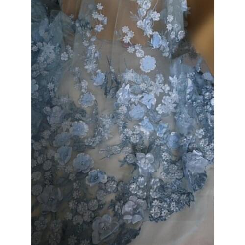 Light blue 3D beaded lace fabric, 3D rosewood flowers embroidered bridal lace fabric for costumes accessories