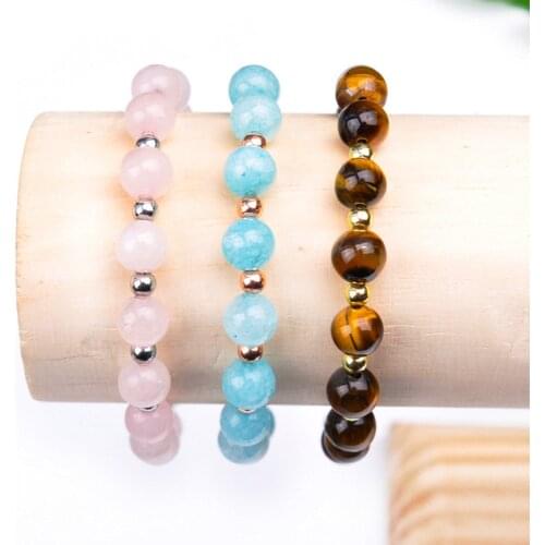 Tigers Eye Natural Stone Beads Strand Bracelet for Women Fashion Amazonite Rose Gold Color Stainless Stell Beaded Bracelets