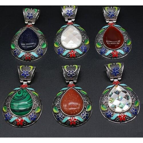 Vintage Cloisonne Drop Shape Shell Pendant Natural Stone Lapis Lazuli Agates Charms for Women Jewelry Making DIY Necklace Gift