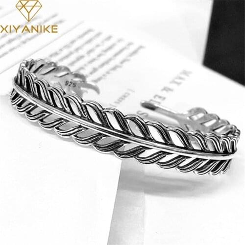XIYANIKE 925 Sterling Silver New Hollow Leaf Feather Bangles Female Simple Creative Retro Distressed Open Bracelet Jewelry Gift