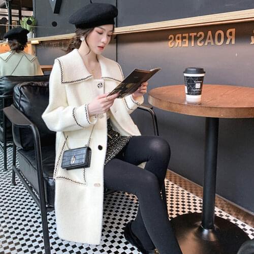 2021 womens Korean knitted mink fleece jacket womens cardigan womens trend pocket long sleeve turn down collar