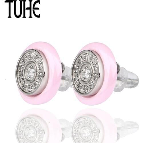 New Arrival Round Silver Plated Pink Ceramic AAA Zircon Stone Stud Earrings For Women Lady Girl Fashion Romantic Jewelry Earring