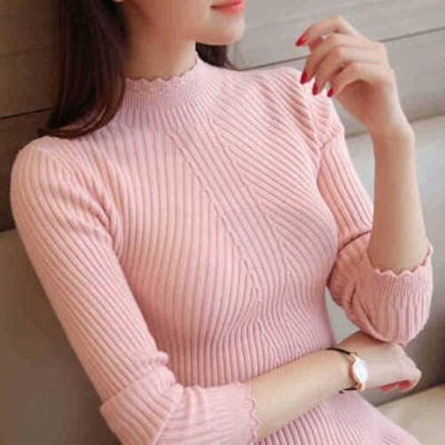 Women Lady Sweater High Elastic Solid Turtleneck Sweater Knitted Pullovers