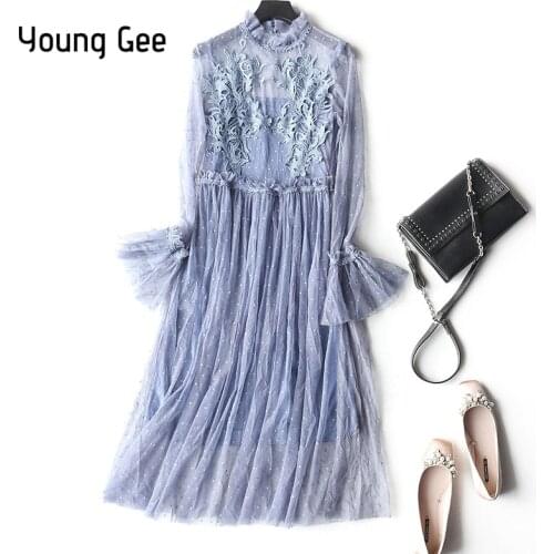 Young Gee Floral Lace Spring Summer Dress Women O-Neck Flare Sleeve Dress 2019 Elegant Office Polka Dots Dress vestidos mujer