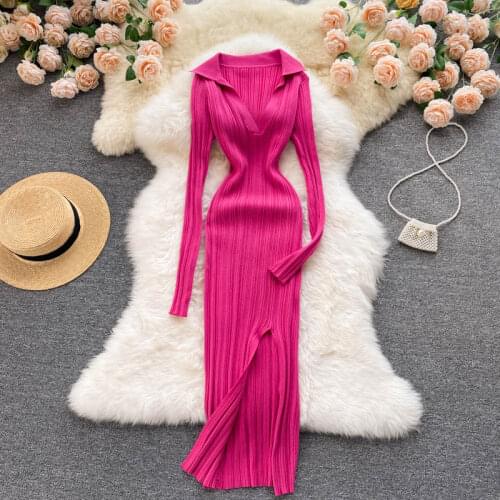 2021 New Split Sweater Dress Women Long Sleeves V Neck Elastic Midi Dress Fashion Elegant Chic Lady Knitted Dresses robe femme