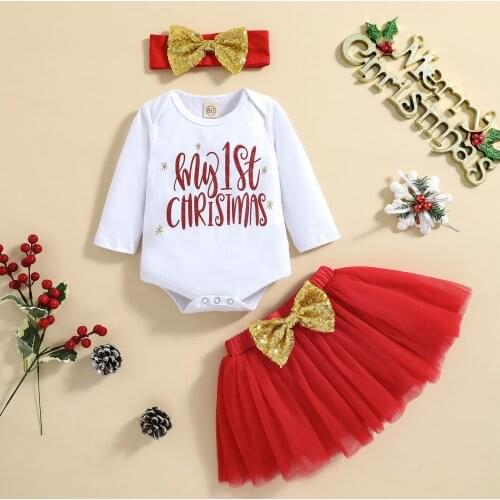 3pcs Christmas Children Girls Clothing Sets Toddler Kids Girls Letter Romper Tops+Red Yarn Skirt+Headdress Xmas Outfits