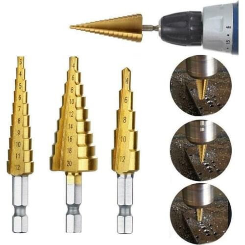 3Pcs/Set Hexagonal Shank High-speed Steel Step Cone Dril Bits 3-12mm/4-20mm/4-12mm Hole Cutter with Pouch