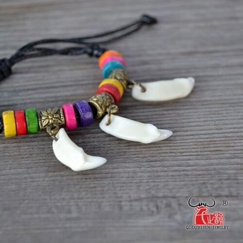 YS011 Natural bone punk bracelet wood beads bracelet men spike bracelet women Primitive tribes jewelry Fake wolf Tooth Bangles