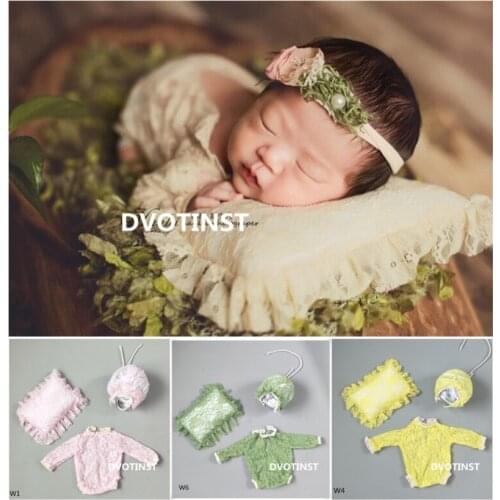 Dvotinst Newborn Photography Props Baby Soft Lace Hat+Outfits+Pillow 3pcs Set Fotografia Accessories Studio Shooting Photo Props