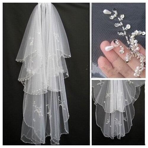 Handmade Wedding Beaded Veil 2020 With Comb 2 Layers Tulle Sequins Beads Bridal Veil Wedding Accessories