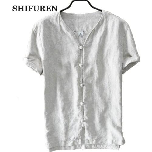 SHIFUREN 100% Pure Linen Shirts Men Summer Breathable Shirts Short Sleeve Chinese Traditional Kongfu Linen Shirts Big Size M-3XL