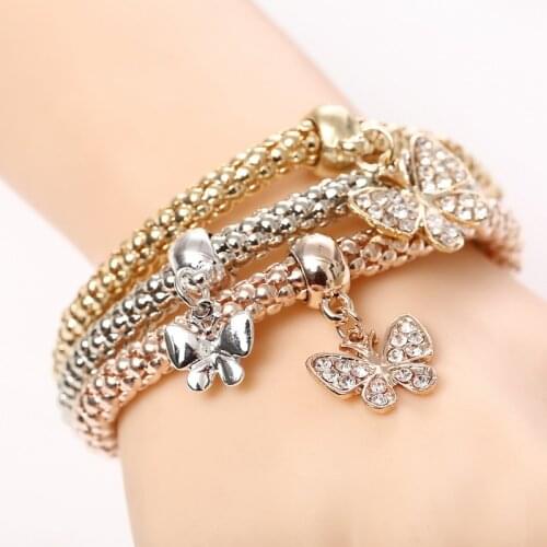 MINHIN Charm Bracelet Butterfly Pendants Jewelry Womens Pretty 3 Pcs Bracelet Set Pulseira Luxury Crystal Gift Bracelets