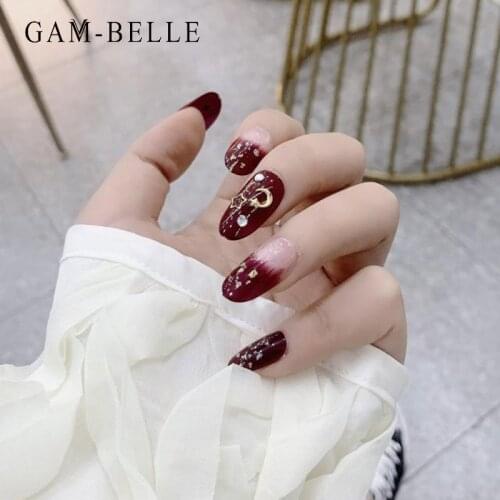 GAM-BELLE Wine Red Ellipse False Nails With Luxe Shining 3D Design Full Cover Fake Press On Nails DIY Manicure Nail Art Tools