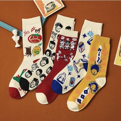 1 Pair Chic Fashion Graffiti Couple Socks Funny Cartoon Jacquard Korean Style Breathable Cotton Sport Socks For Women Men Sokken