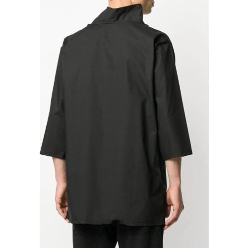 Original design of large size mens loose collar splicing medium sleeve thin shirt