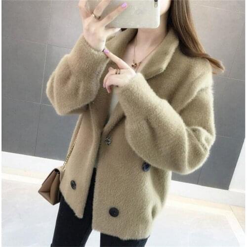 Autumn Winter Imitation Mink Cashmere Coat Women Loose Oversize Short Cardigan Double Breasted Casual Plush Knit Outerwear