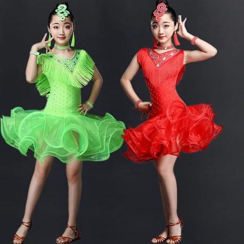 Girls Latin Dance Dresses Performance Clothing Professional Tassel Ballroom Latin Dress Stage Dance Clothes For Kids in stock