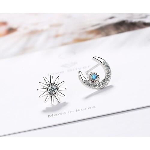 Blue Moon & Sun Asymmetric Zircon 925 Sterling Silver Stud Earrings For Women aretes de mujer brincos pendientes