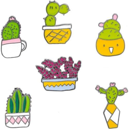 Cute Potted Metal Enamel Brooches Cactus Succulent Aloe Potted Badge Pin Fun Funny Trendy Costume Backpack Jewelry Accessories