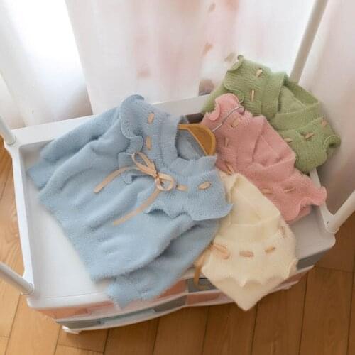 Spring And Autumn ChildrenS Sweater Fashion Cute Warm Girl Collar Bow Tie Pullover Candy Round Neck Knitted Sweater