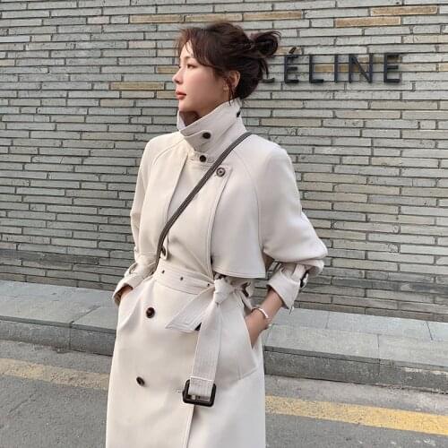 Korean Women Fashion Stand collar Long Off-white Trench Coat With belt Loose Autumn Plus Size Female Runway Windbreaker Coats