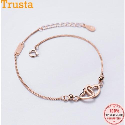 Trustdavis Minimalist Authentic 925 Sterling Silver Fashion Romantic Double Heart Bracelets For Women Wedding S925 Jewelry DB460