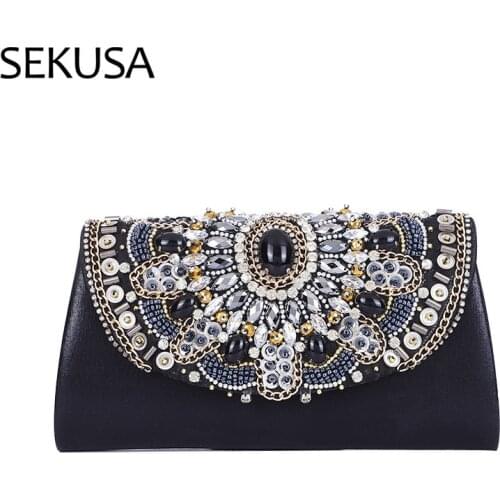 Vintage Women Evening Bags Diamonds Beading Small Clutch Chain Shoulder Cover Lady Wedding Handbags Black Purse