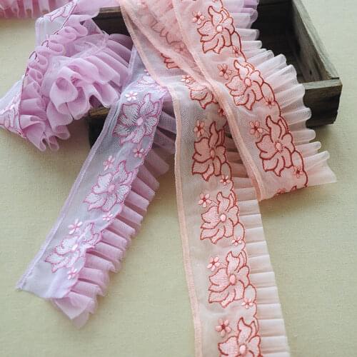 1meter Pink Pleated Lace Trim Bubble Skirt Ruffle Mesh Lace Ribbon Pleated Lace Fabric Accessories Tutu Lace Wedding Decortion