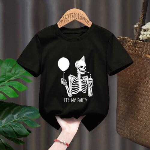 Gothic Skull Printing Punk Funny Baby Girl T-shirts Kid Children Manga Gift Present Clothes Black Harajuku Kawaii Tops,Drop Ship
