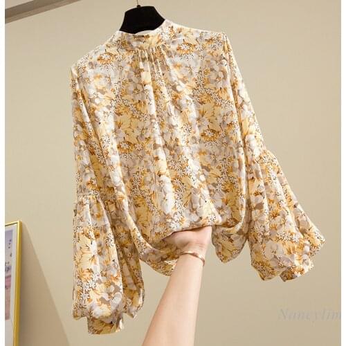 Lantern Sleeve Floral Print Blouse Women Korean Style All-Matching Chiffon Shirt Loose Tops Female Spring and Summer Blusas