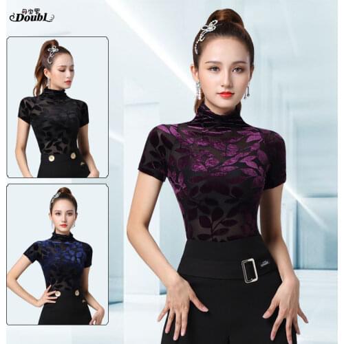 DOUBL dance clothes standard waltz short sleeve modern dance summer female clothing high neck slim stylish ballroom practise