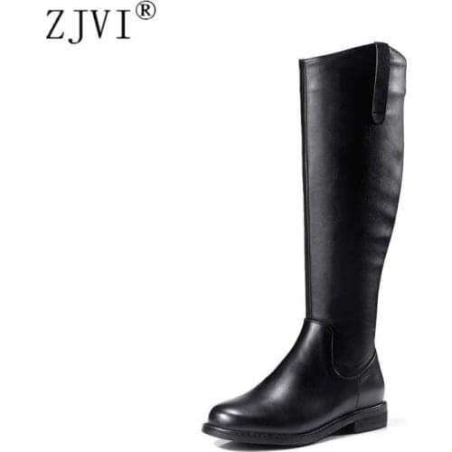 ZJVI Women Knee High Boots Woman Autumn Winter Thigh High Boots Genuine Leather Boots Ladies 2020 Roud Toe Shoes Black