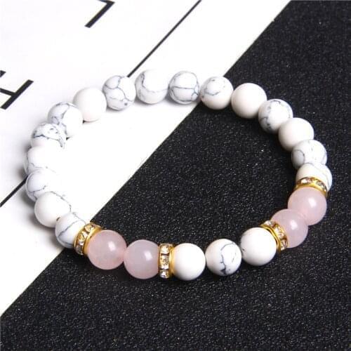 Women Fashion Natural White Howlite Turquoises Stone Beads Bracelet Pink Beaded Elastic Rope Charm Bracelet for Girls Gifts
