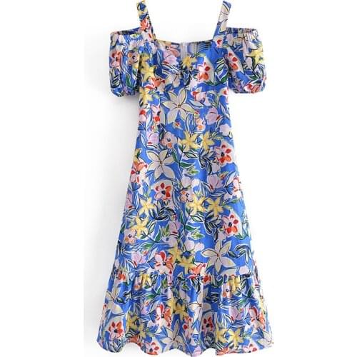 Women Floral Printed Boho Style Dress Puff Short Sleeve Off Shoulder Midi Dress Summer Beach Party Backless Sundress