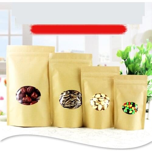 100 Pcs Kraft Paper Food bag Zip Lock,Stand-up Reusable Sealing Bag with Oval Window for Storing Cookie Dried Food Snack