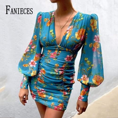 FANIECES 2021 Autumn Boho Flower Print Slim Party Mini Dress Women Lantern Long Sleeve Sexy V Neck Ruched Holiday Beach Vestido
