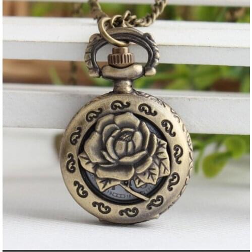 Exquisite Bronze Vintage Carving Rose in Full Bloom Hollow Quartz Pocket Watch Necklace Chain Women Lady Clock Gift Watch