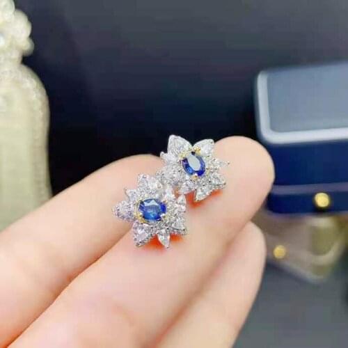 Fine Natural Sapphire Real S925 Pure Silver Square Ear Studs Earrings Charming Superflash Weddings Jewelry For Women MeiBaPJFS