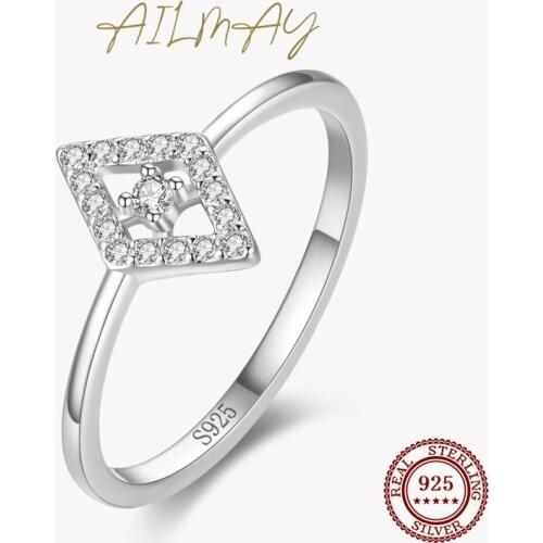 Ailmay 100% 925 Sterling Silver Fashion Rhombohedral Shape Rings For Women Dazzling Clear Zircon Fine Jewelry Girl Gift