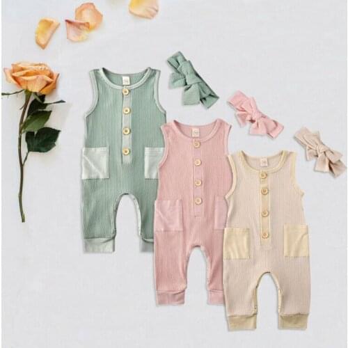 Summer Newborn Kids Baby Girl Romper Sleeveless Casual Pocket Jumpsuit Knitted Outfit Clothing 0-24M