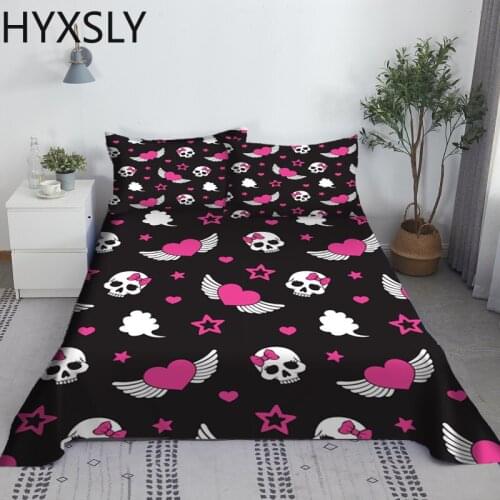 Pink Heart Skull Bed Sheet Set 3D Printed Polyester Black Bed Flat Sheet With Pillowcase 2/3pcs Bed Linen King Queen Custom Size