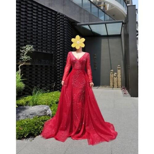 Red Gowns Fashion Ladies Long Sleeves A-Line Eveningdress Luxury Party Sexy Dress For Women Party Formal