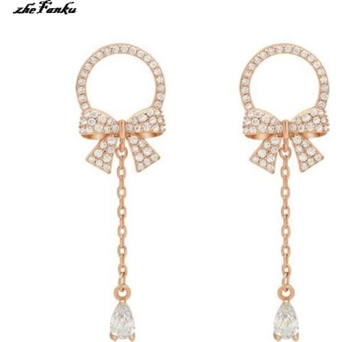 Fashion Sweet AAA CZ Zircon Bow Tassel Earrings For Women Simple Crystal Bowknot Earrings Girls Statement Jewelry