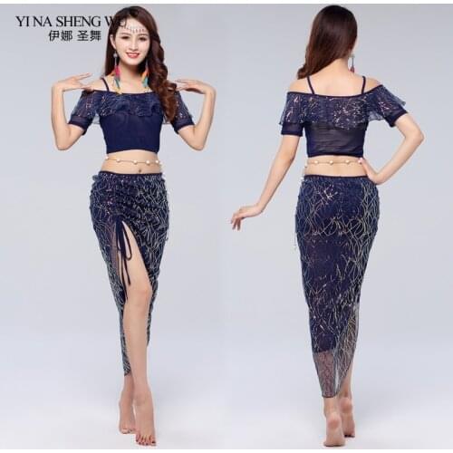 New Shine Oriental Dance Costume Adults 2 Piece Bellydance Bling Bling Skirt Top Dancer Daily Practice Wear Belly Set Women New