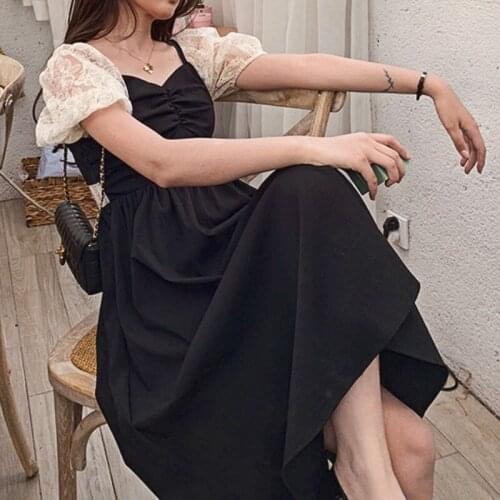 Summer Patchwork Y2k Dress Women French Hollow Out Design Casual Kawaii Midi Dress Female Puff Sleeve Sexy Party Dress 2021 New