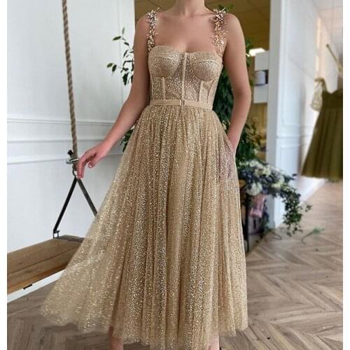 Prom Dresses Tea Length Evening Dresses Gold Tulle Formal Party Dress